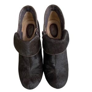 Fossil Dark Brown Calf Hair Ankle Boots Stacked Heel Size 7 Round Toe Bootie